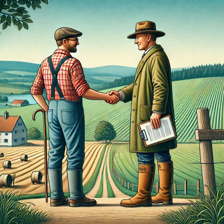 Zwei Männer schütteln sich auf einem Feld die Hand, einer trägt Latzhose und Gummistiefel, der andere Mantel, Hut und hält ein Klemmbrett