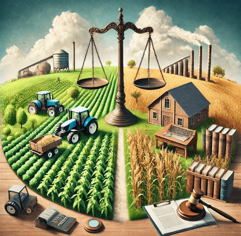 Waage über einem Feld mit Traktoren und Getreide, daneben ein Haus, Schreibtisch mit Computer und ein Richterhammer auf einem Buch, symbolisiert Balance zwischen Landwirtschaft und Recht
