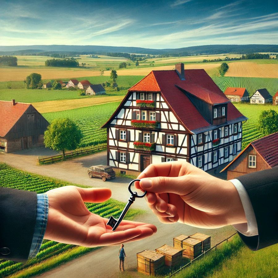 Schlüsselübergabe vor einem Fachwerkhaus auf dem Land mit Feldern und weiteren Häusern im Hintergrund