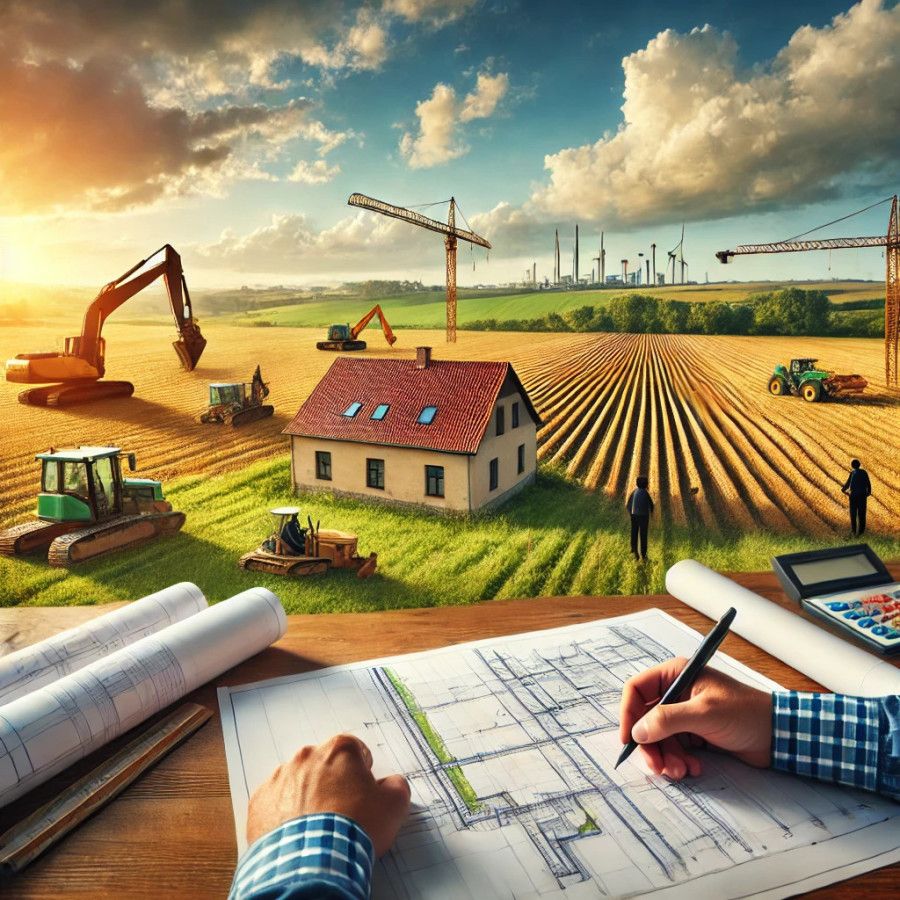 Person zeichnet Baupläne auf einem Tisch mit Blick auf ein landwirtschaftliches Feld mit Traktoren, Kränen und Windrädern im Hintergrund