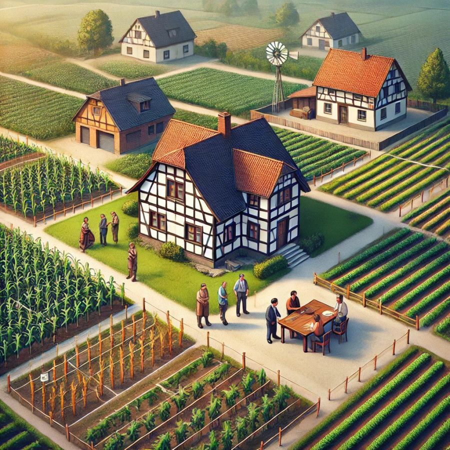 Fachwerkhäuser auf einem landwirtschaftlichen Anwesen mit Feldern und Menschen, die sich unterhalten und an einem Tisch sitzen